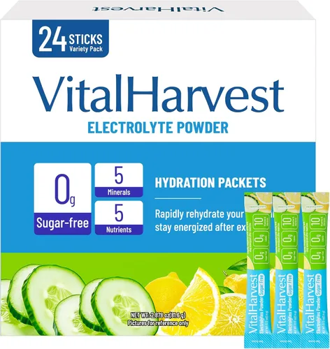 Miniatura 14 de VitalHarvest 24 Sobres de Polvo de Electrolitos Sin Azúcar Paquetes de Hidratación Mezcla de Bebida IV Diaria Líquida para Hidratación Rápida, Bajo