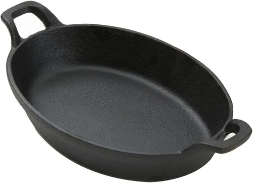 American Metalcraft CIPOV9567 - Cacerola ovalada de hierro fundido con asas, 12 pulgadas de largo x 6.75 pulgadas de ancho, color negro