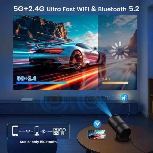 Miniatura 5 de Mini proyector portátil con WiFi y Bluetooth, compatible con proyector de películas 1080P HD, corrección trapezoidal automática, rotación de 180°