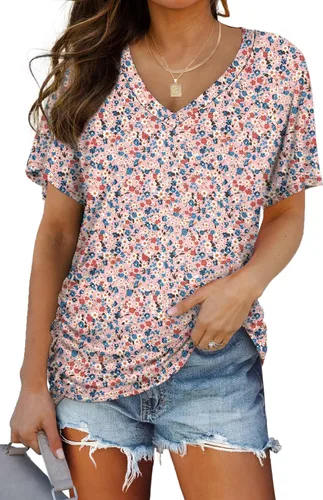 Miniatura 20 de WIHOLL - Camisetas de manga corta con cuello en V para mujer, holgadas, con fruncido lateral