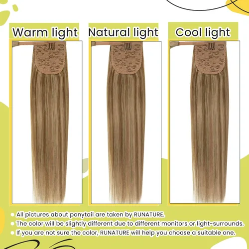 Miniatura 6 de RUNATURE - Extensión de cola de caballo de cabello humano con pinzas y cinta mágica, extensión de cabello corto, lacio y grueso, color rubio oscuro