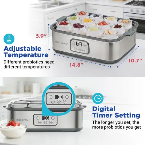 Miniatura 3 de Ultimate Probiotic Yogurt Maker XL, control de tiempo y temperatura ajustable, 50% más de capacidad con 12 frascos de yogur de 6 onzas, hace