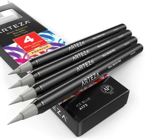 Miniatura 61 de Arteza Bolígrafos de pincel real, A174 gris delfín, paquete de 4, bolígrafos de acuarela con puntas de pincel de nailon, suministros de arte