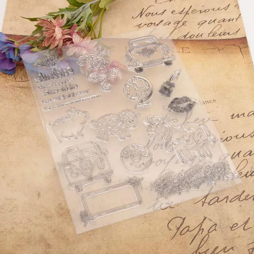 Miniatura 4 de Sellos transparentes de cumpleaños de animales salvajes para diarios de arte o hacer tarjetas, mono, cerdo, oveja, vaca, autobús, sellos de goma