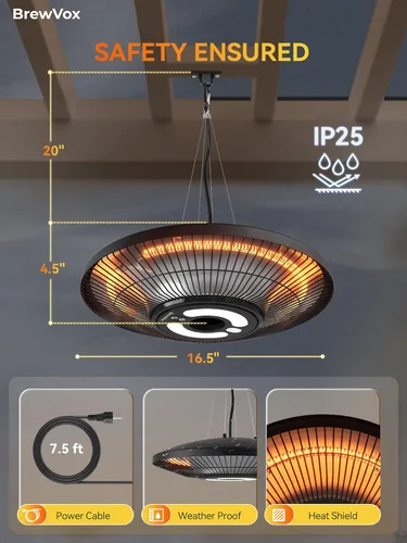 Miniatura 5 de Calentador colgante de patio exterior de carbono infrarrojo de 1500 W con luz nocturna LED, calidez instantánea, control remoto inteligente