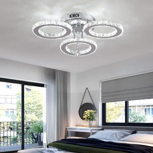 Miniatura 7 de Deckrico Moderno candelabro de cristal de montaje empotrado, lámpara de techo colgante de acero inoxidable de 3 anillos redondos para sala de estar