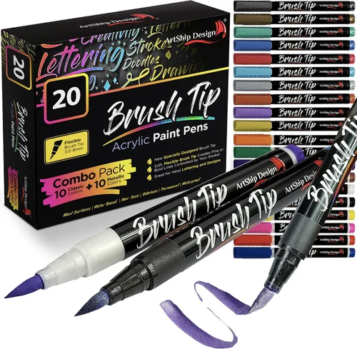 Miniatura 12 de ArtShip Design 10 rotuladores de pintura acrílica negros, paquete doble de marcadores de pintura de punta extra fina y media, para pintura en roca
