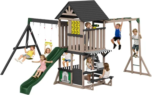 Albott Juego de columpios de madera para niños, gran juego 11 en 1 para exteriores con casa de juegos, tobogán ondulado, 2 columpios y pared de