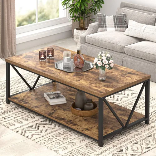 EXCEFUR Mesa de centro moderna, mesa de sala de estar de madera rústica y metal con estante de almacenamiento, mesa central rectangular industrial,