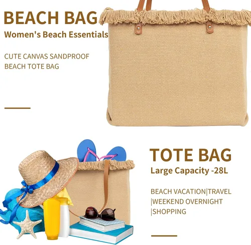 Miniatura 5 de BYF Bolsa de playa grande a prueba de arena para mujer, bolsa de lona gruesa, bonita bolsa de mano para viajes, vacaciones, gimnasio, compras