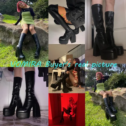 Miniatura 5 de VOMIRA Botas de tobillo para mujer, tacón alto grueso, puntera cuadrada, cremallera lateral, botas elásticas de piel sintética, botas de plataforma