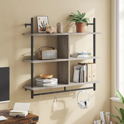 Miniatura 3 de Bestier Estantes Flotantes de Cocina de 41" Montados en Pared de 3 Niveles Barra de Café Estante para Tazas Colgante con 8 Ganchos Exhibidor