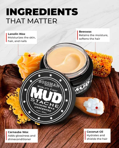 Bossman MUDstache - Cera para bigote sin perfume para hombres (1 onza), fuerte retención de 24 horas, no pegajosa y fácil de aplicar para domar y