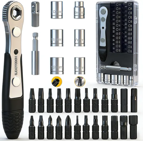 Miniatura 10 de Juego de destornilladores de ángulo recto 34 en 1 1/4 Mini llave de trinquete S2 Magnética 1/4 Bits Destornillador de desplazamiento de 90 grados