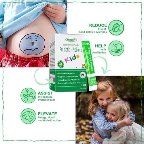 Miniatura 8 de Probióticos y prebióticos para niños en polvo a partir de 3 años, apoyo al sistema digestivo e inmunológico para niños con fuente natural, promueve