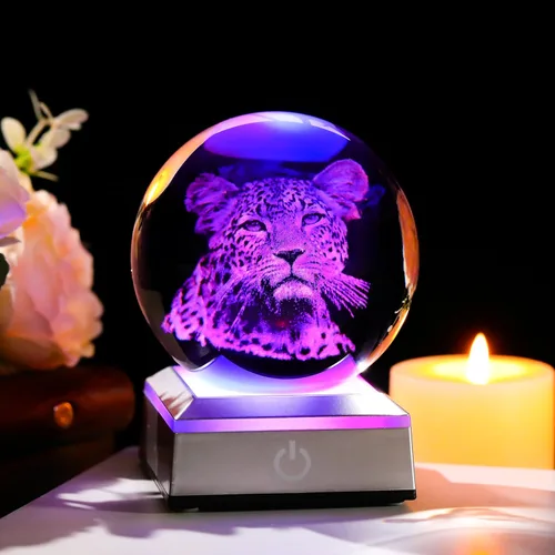 Miniatura 2 de Figura de Escultura 3D de Guepardo en Bola de Cristal con Base de Luz Colorida, Regalos de Guepardo para Mujeres y Hombres en Navidad y Cumpleaños