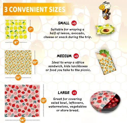 Miniatura 3 de Envoltura de cera de abeja reutilizable, paquete de 9 envolturas ecológicas de cera de abeja para alimentos, orgánica, sostenible, biodegradable
