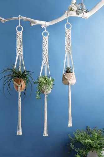 Miniatura 4 de Mkono Paquete de 3 perchas de macramé de 39 pulgadas para colgar en la pared de interiores, cesta para macetas, soporte para macetas, decoración