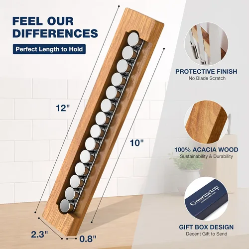 Miniatura 4 de Gourmetop Soporte magnético para cuchillos de pared de 12 pulgadas, tira magnética para cuchillos sin taladrar, soporte magnético de madera