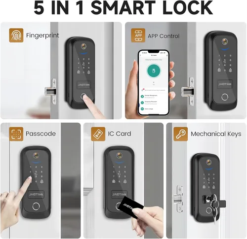 Miniatura 2 de JAIOTlink Cerradura inteligente 5 en 1 para puerta delantera, cerrojo de entrada sin llave con cámara y timbre, cerradura electrónica segura WiFi
