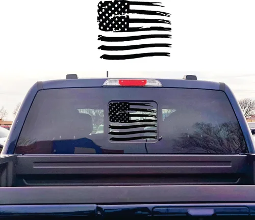 Compatible con Ford F150 (2015-2021) | F-250 / F-350 (2017-2021) | Adhesivos precortados para ventana de la bandera estadounidense | Medio trasero |