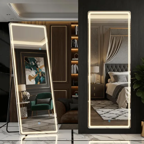 Miniatura 9 de Espejo arqueado de cuerpo entero con luces LED, espejo de piso de 60"x16" con soporte, espejos corporales de piso con atenuación e iluminación de 3