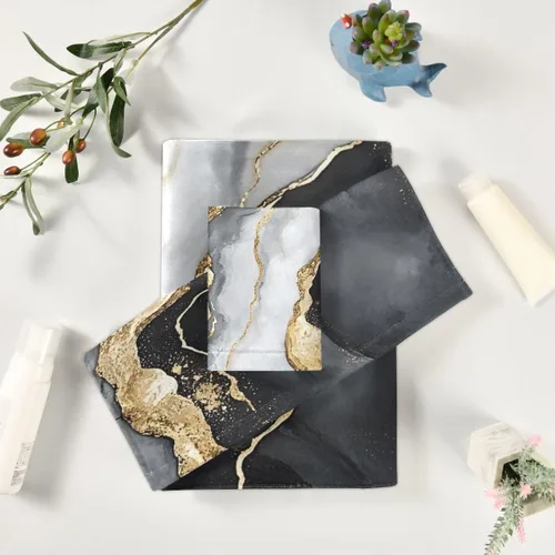 Miniatura 5 de Juego de toallas de baño para baño, toallas de mano, toallas de mano con diseño de mármol dorado y negro, 3 piezas, algodón decorativo, absorbente