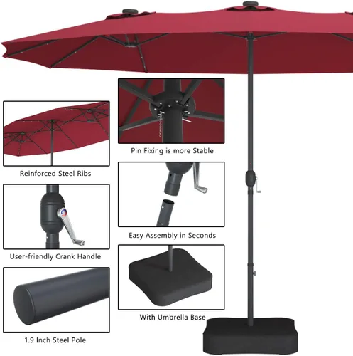 Miniatura 6 de Tangkula Sombrilla solar de patio de 15 pies con base, sombrilla individual extragrande de doble cara para exteriores con 36 luces LED y mango