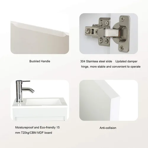 Miniatura 5 de Tocador de baño blanco con fregadero de cerámica combinado, tocador de baño de montaje en pared, 16 pulgadas de largo x 9.8 pulgadas de ancho x 20.3