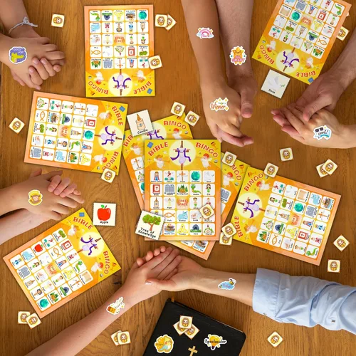 Miniatura 5 de HomSeon Tarjetas de bingo bíblicas para 24 jugadores, juego de bingo cristiano para niños con calcomanías de Punny Jesús, juego cristiano religioso