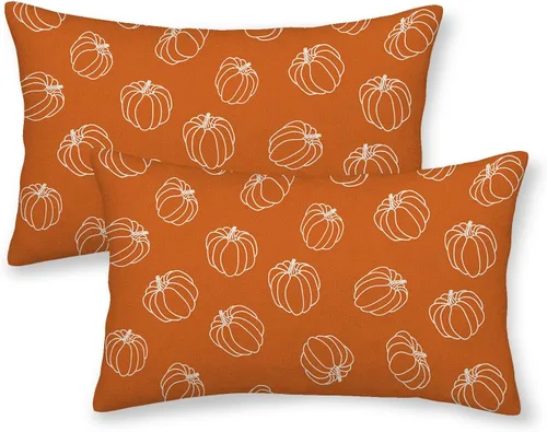 AEIOAE - Juego de 2 fundas cuadradas de almohadones de lino para otoño con calabaza en tono naranja quemado y blanco, para decoración al aire libre