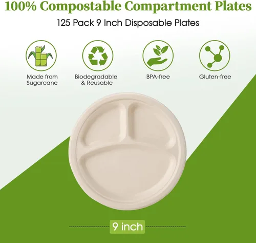 Miniatura 2 de ECOLipak Paquete de 125 Platos Compostables de 3 Compartimentos, Platos de Papel Desechables de 8.85 Pulgadas de Alta Resistencia, Plato Dividido