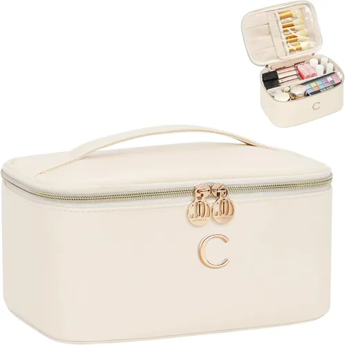 Miniatura 10 de OCHEAL Bolsa de maquillaje personalizada, bolsa de maquillaje beige para mujer, kit de aseo de viaje con monograma, organizador de cosméticos listo