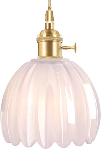 Miniatura 42 de Shenmoyl Lámpara colgante con pantalla de vidrio transparente a rayas, luz colgante vintage de latón, luz colgante ajustable para cocina, isla