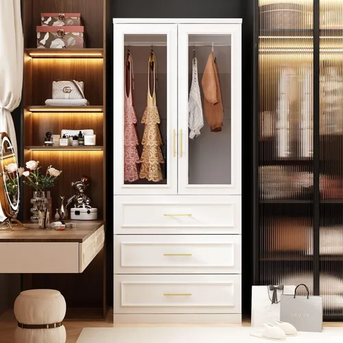 Miniatura 4 de Armario grande con 2 puertas de vidrio templado y 3 cajones, armario alto con barra para ropa, armarios de ropa estilo agitador, color blanco, 31.7