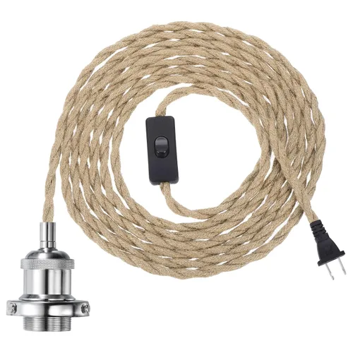 Miniatura 10 de PATIKIL Kit de cable de luz colgante de 15.4 pies, enchufe E26 con interruptor, cuerda trenzada industrial vintage para lámpara de granja