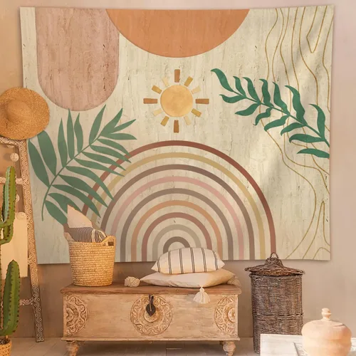 Miniatura 8 de SUOTEMEIFEI Tapiz de arte bohemio con plantas, tapiz retro con plantas, puesta de sol, paisaje, estético, abstracto, para pared, dormitorio, sala