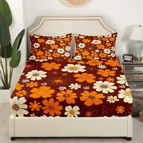 Miniatura 2 de Juego de sábanas para niños de los años 70 con diseño de flores Groovy Flowers, juego de ropa de cama hippie retro con 1 sábana encimera y 1 sábana
