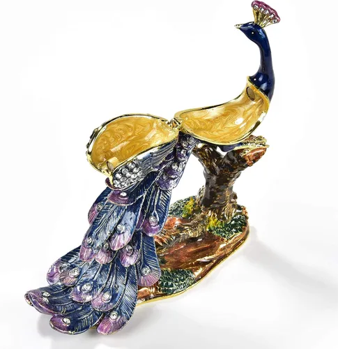 Miniatura 2 de KALIFANO Joyero de pavo real en rama con cristales de Swarovski y piedras preciosas hechas para almacenamiento y organización, aretes hechos a mano