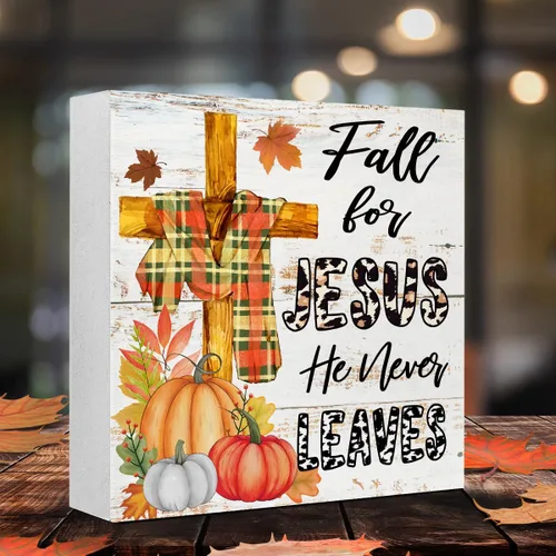Miniatura 3 de LVQHI Letreros de madera de otoño con texto en inglés «Fall for Jesus He Never Leaves» con cruz de calabaza para el hogar, dormitorio, oficina, Caer