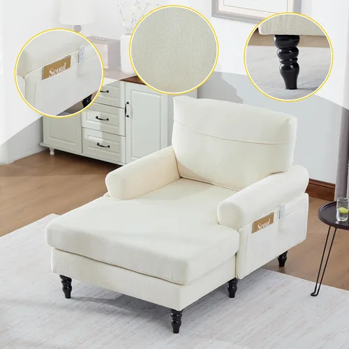 Miniatura 3 de Moderno sofá reclinable individual de tela de chenilla, patas de madera con cómodo respaldo y reposabrazos, bolsillos laterales para sala de estar