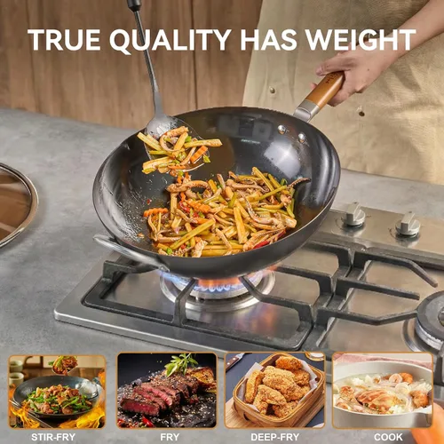 Miniatura 2 de WANGYUANJI Wok de Hierro, Woks de 14.2 Pulgadas para Saltear, Sartén China sin Recubrimiento, Olla de Hierro Tradicional de Fondo Plano