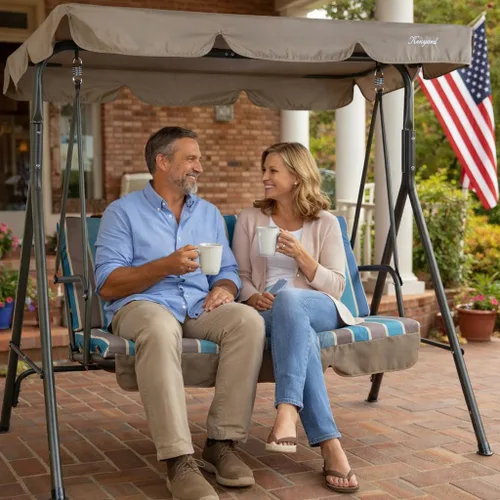 Miniatura 8 de Kozyard Alicia - Silla Columpio para Patio, Cómodos Asientos de 3 Cojines con Marco de Acero Resistente, Toldo Ajustable y Cojín Extraíble, Columpio