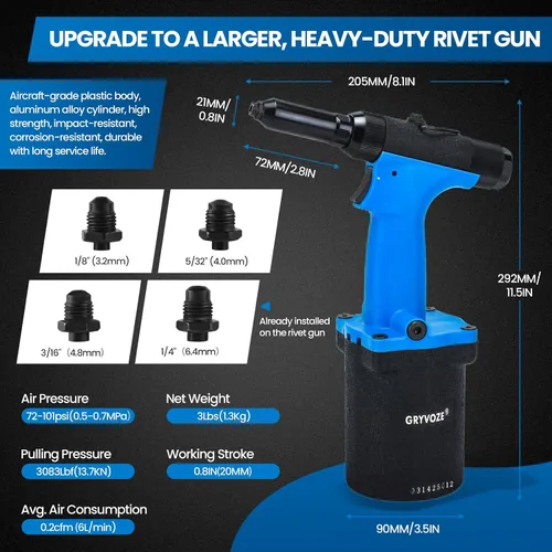 Miniatura 2 de Pistola de Remaches Neumática Air Pop Riveter Kit de Herramientas con Boquillas de Remache de 1/8", 5/32", 3/16", 1/4", Pistola Remachadora