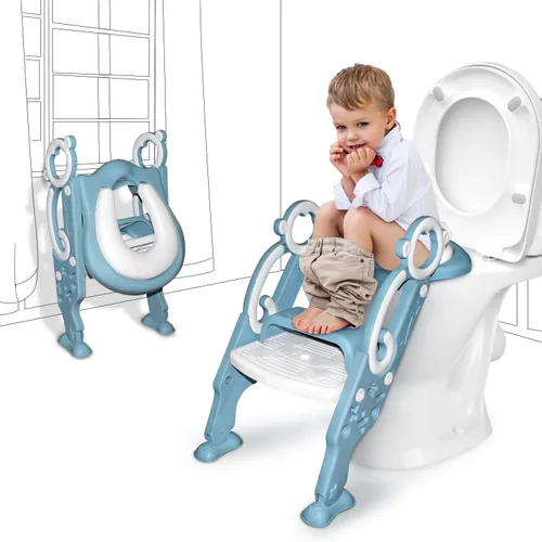 GrowthPic Asiento de entrenamiento para ir al baño con escalera – Entrenador de inodoro plegable con protector contra salpicaduras para niños y Azul