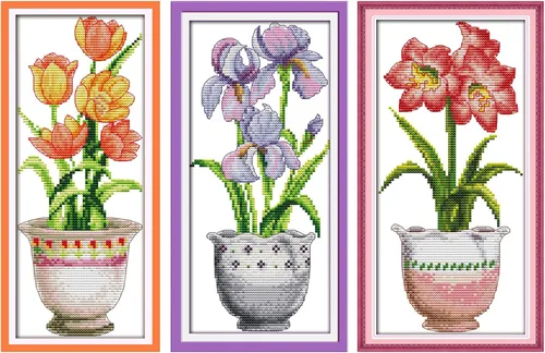 ITSTITCH Kits de punto de cruz para adultos, paquete de 3 flores, 7.5 x 15 pulgadas