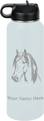 Miniatura 17 de LaserGram Botella de agua personalizada, cabeza de caballo 1, acero inoxidable de doble pared aislada al vacío con popote superior, regalo grabado