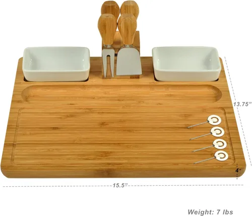Miniatura 4 de Tabla de cortar de queso/embutidos de bambú grabada personalizada con cuencos de cerámica, herramientas de queso y marcadores de queso, diseñada
