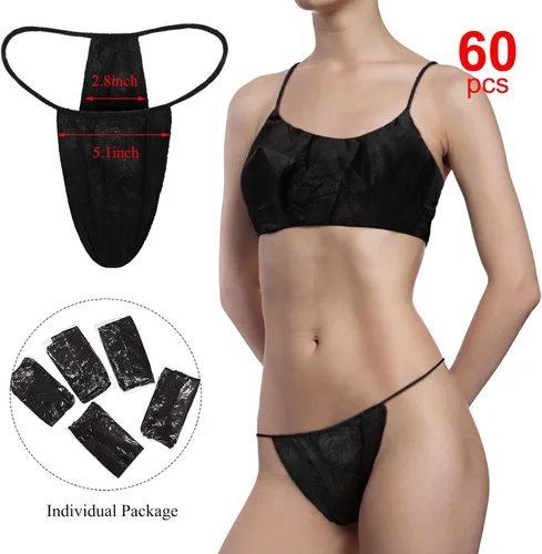 Miniatura 2 de Chumia 60 piezas de tangas desechables Spa Spray bronceador envolturas ropa interior desechables bikini tanga bragas para mujer (negro), Negro
