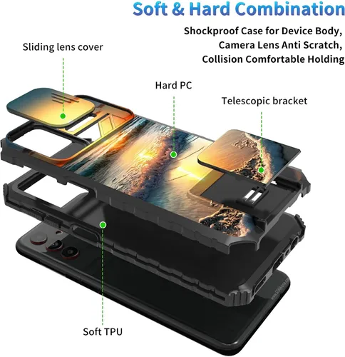 Miniatura 72 de Funda para Samsung Galaxy S22 Ultra 5G, Galaxy S22 Ultra con cubierta de cámara deslizante, funda resistente de doble capa con función atril Black